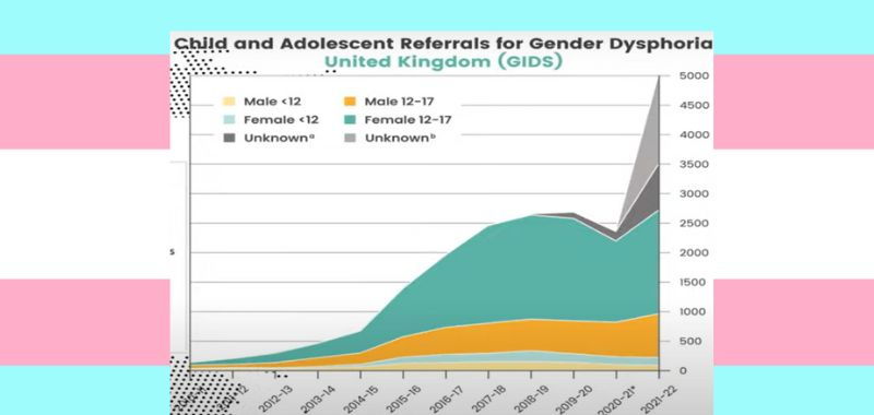 Fondo con colores transgénero encima una gráfica que representa el crecimiento de las derivaciones de pacientes jóvenes a la medicalización de la atención a la Disforia de Género de Inicio Rápido